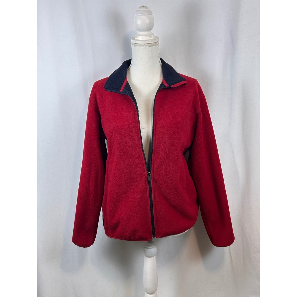 Lands End Womens Red Fleece Full Zip Jacket Navy‎ Blue Neck Outdoor Layering S